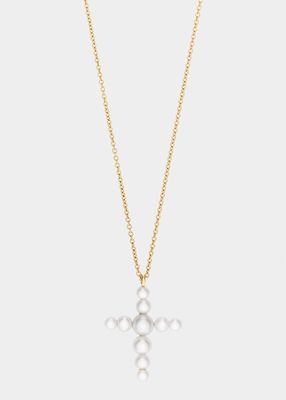 Petite Fellini Croix Freshwater Pearl Cross Pendant on 14K Yellow Gold Chain