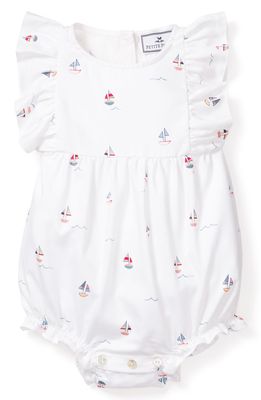 Petite Plume Kids' Ruffle Sailboat Print One-Piece Pajamas in White