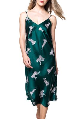 Petite Plume Panther Print Mulberry Silk Nightgown in Green