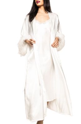 Petite Plume Silk Robe with Feather Trim in White
