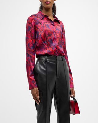 Petra Marbled Peonies Printed Silk Button-Front Top
