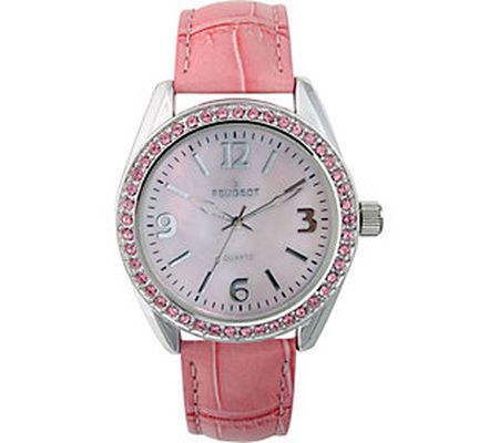 Peugeot Ladies Crystal Bezel Croco-Embossed Str ap Watch