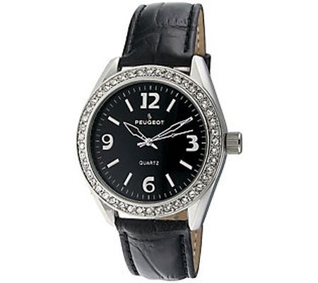 Peugeot Women's Crystal Bezel Black Leather Wat ch