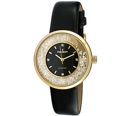 Peugeot Women's Goldtone Diamond Marker Black L eather Watch