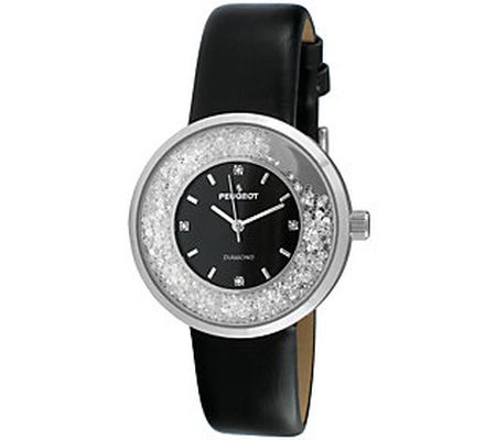 Peugeot Women's Silvertone Diamond Marker Black Leather Watch