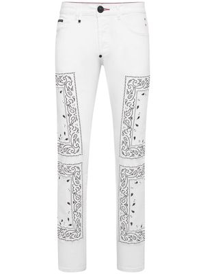Philipp Plein bandana-embroidered straight-leg jeans - White