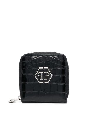 Philipp Plein croco embossed mini round zip wallet - Black