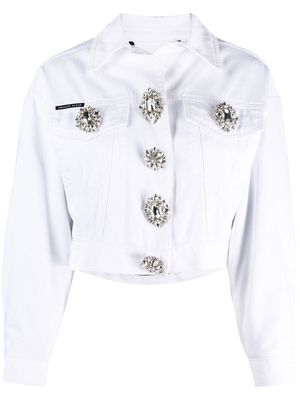 Philipp Plein crystal button cropped denim jacket - White