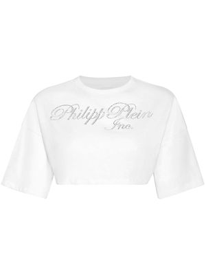 Philipp Plein crystal-embellished logo-print cropped T-shirt - White