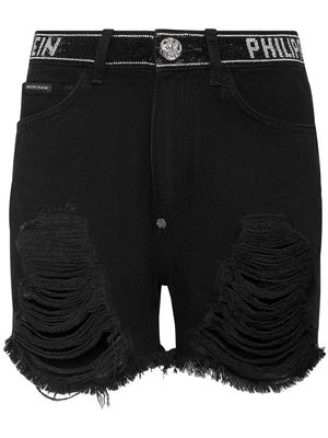 Philipp Plein crystal-embellished raw-cut denim shorts - Black