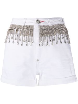 Philipp Plein crystal fringe-embellished denim shorts - White