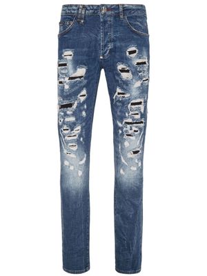 Philipp Plein distressed-effect mid-rise slim-cut jeans - Blue