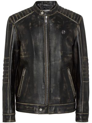 Philipp Plein distressed leather moto jacket - Black