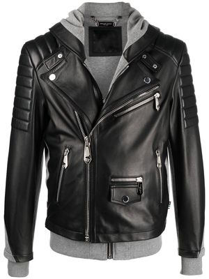 Philipp Plein embossed-logo leather biker jacket - Black
