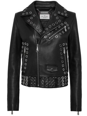 Philipp Plein eyelet-embellished leather biker jacket - Black