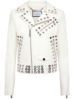 Philipp Plein eyelet-embellished leather biker jacket - White