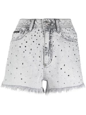 Philipp Plein frayed crystal-embellished denim shorts - Grey
