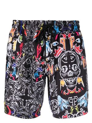 Philipp Plein graphic-skull-print beach shorts - Black