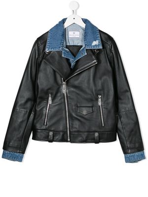 Philipp Plein Junior denim-collar biker jacket - Black