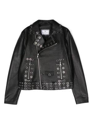 Philipp Plein Junior eyelet-embellished leather jacket - Black