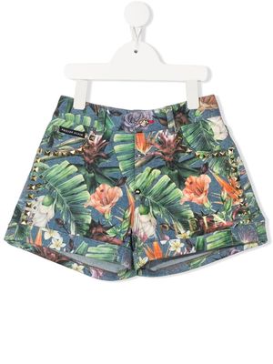 Philipp Plein Junior floral-print studded shorts - Blue