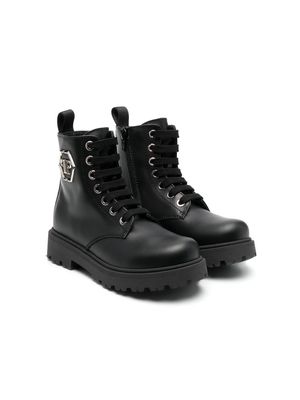 Philipp Plein Junior hexagon logo leather boots - Black