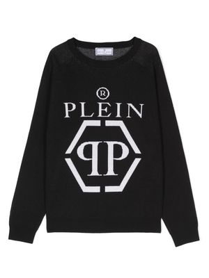 Philipp Plein Junior intarsia knit-logo crew-neck jumper - Black