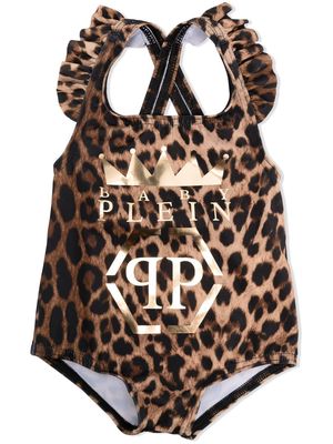 Philipp Plein Junior leopard-print logo swimsuit - Brown