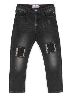 Philipp Plein Junior logo-embroidered distressed jeans - Black