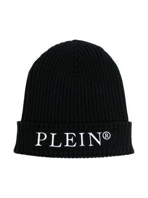 Philipp Plein Junior logo-embroidered ribbed-knit beanie - Black