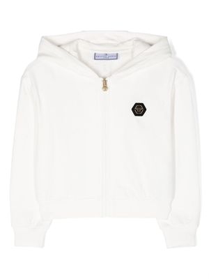 Philipp Plein Junior logo-patch zipped hoodie - White