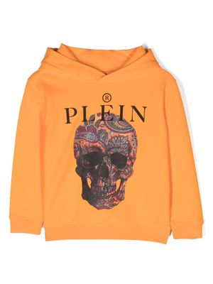 Philipp Plein Junior paisley skull-print cotton hoodie - Orange