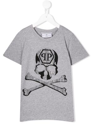 Philipp Plein Junior skull and crossbones crystal embellished T-shirt - Grey