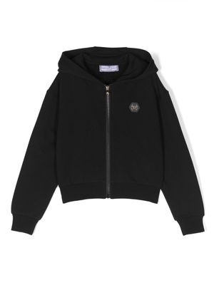 Philipp Plein Junior teddy bear-print rhinestone hooded jacket - Black