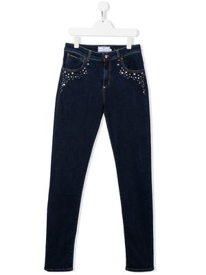 Philipp Plein Junior TEEN crystal-embellished logo-print jeans - Blue