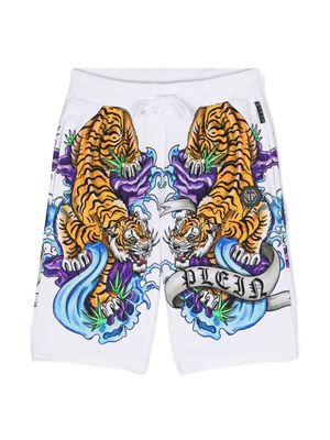 Philipp Plein Junior tiger-print track shorts - White
