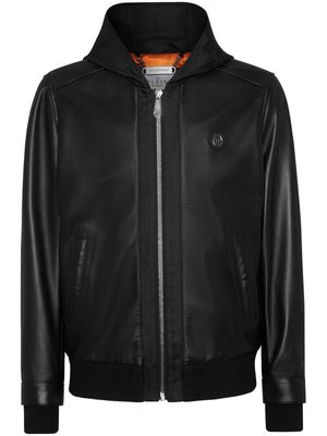 Philipp Plein leather and satin hooded bomber jacket - Black