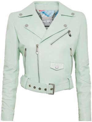 Philipp Plein leather cropped biker jacket - Green
