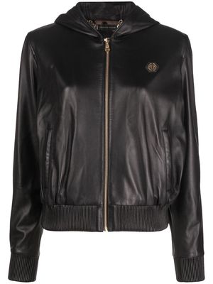 Philipp Plein leather zip-up hoodie - Black