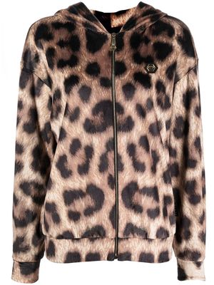 Philipp Plein leopard-print zip-up hoodie - Brown
