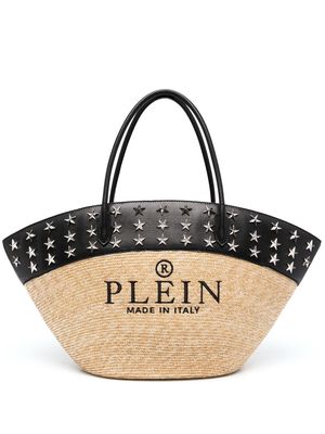 Philipp Plein logo-embroidered raffia tote bag - Neutrals