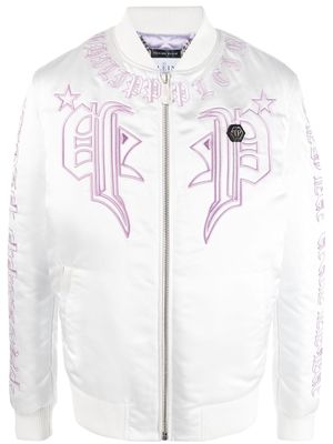 Philipp Plein logo-embroidered satin-finish bomber jacket - White