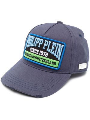 Philipp Plein logo-patch distressed cotton baseball cap - Blue