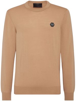 Philipp Plein logo-patch fine-knit jumper - Brown