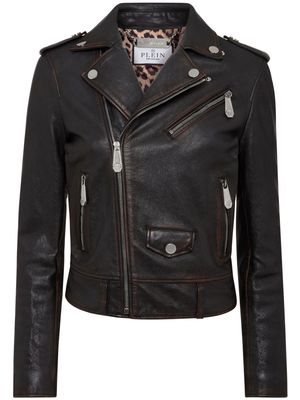 Philipp Plein logo-patch leather biker jacket - Black