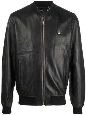 Philipp Plein logo-patch leather bomber jacket - Black