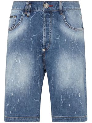 Philipp Plein logo-patch stonewashed denim shorts - Blue