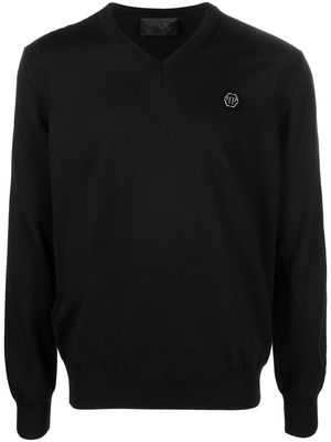 Philipp Plein logo-patch V-neck sweater - Black