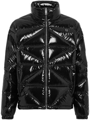 Philipp Plein logo-plaque glossy padded jacket - Black