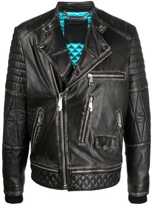 Philipp Plein logo-plaque leather biker jacket - Black